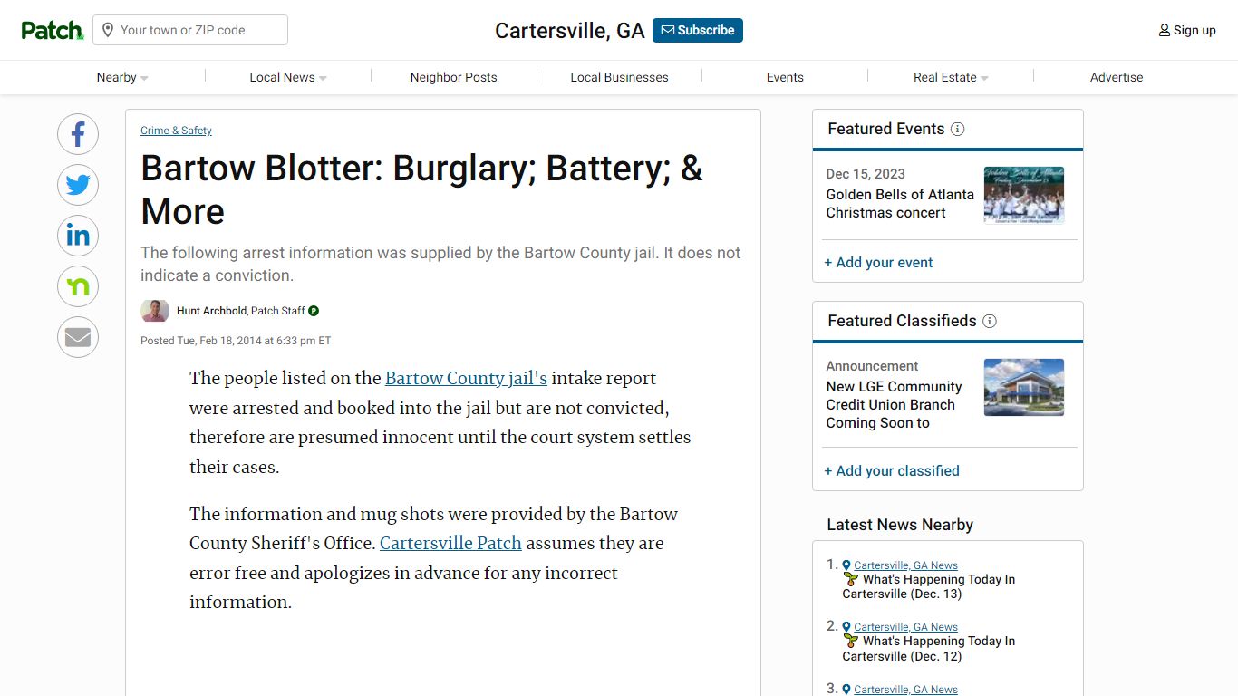 Bartow Blotter: Burglary; Battery; & More | Cartersville, GA Patch